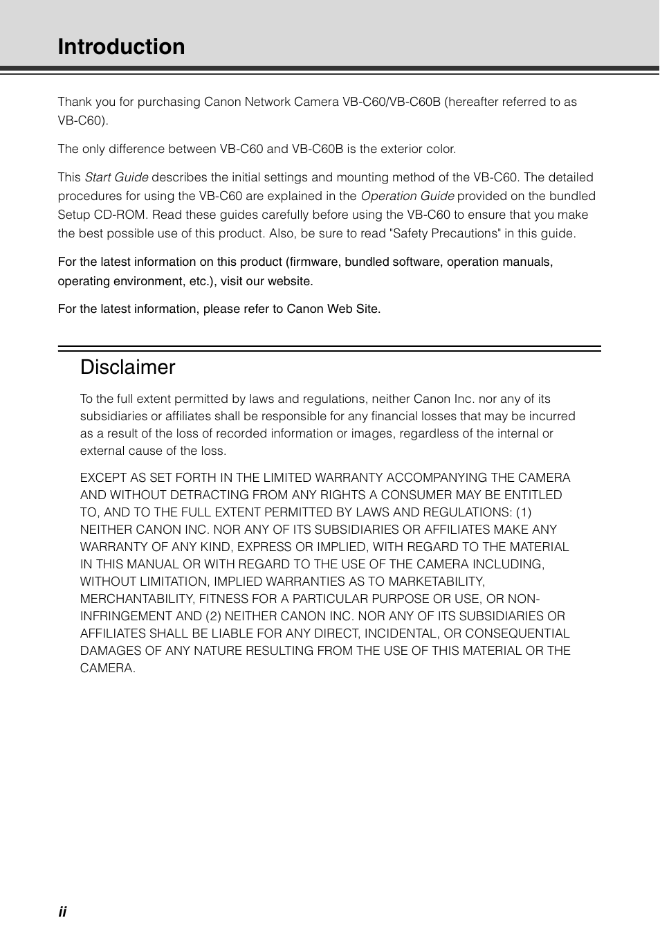 Introduction, Disclaimer | Canon VB-C60 User Manual | Page 2 / 78