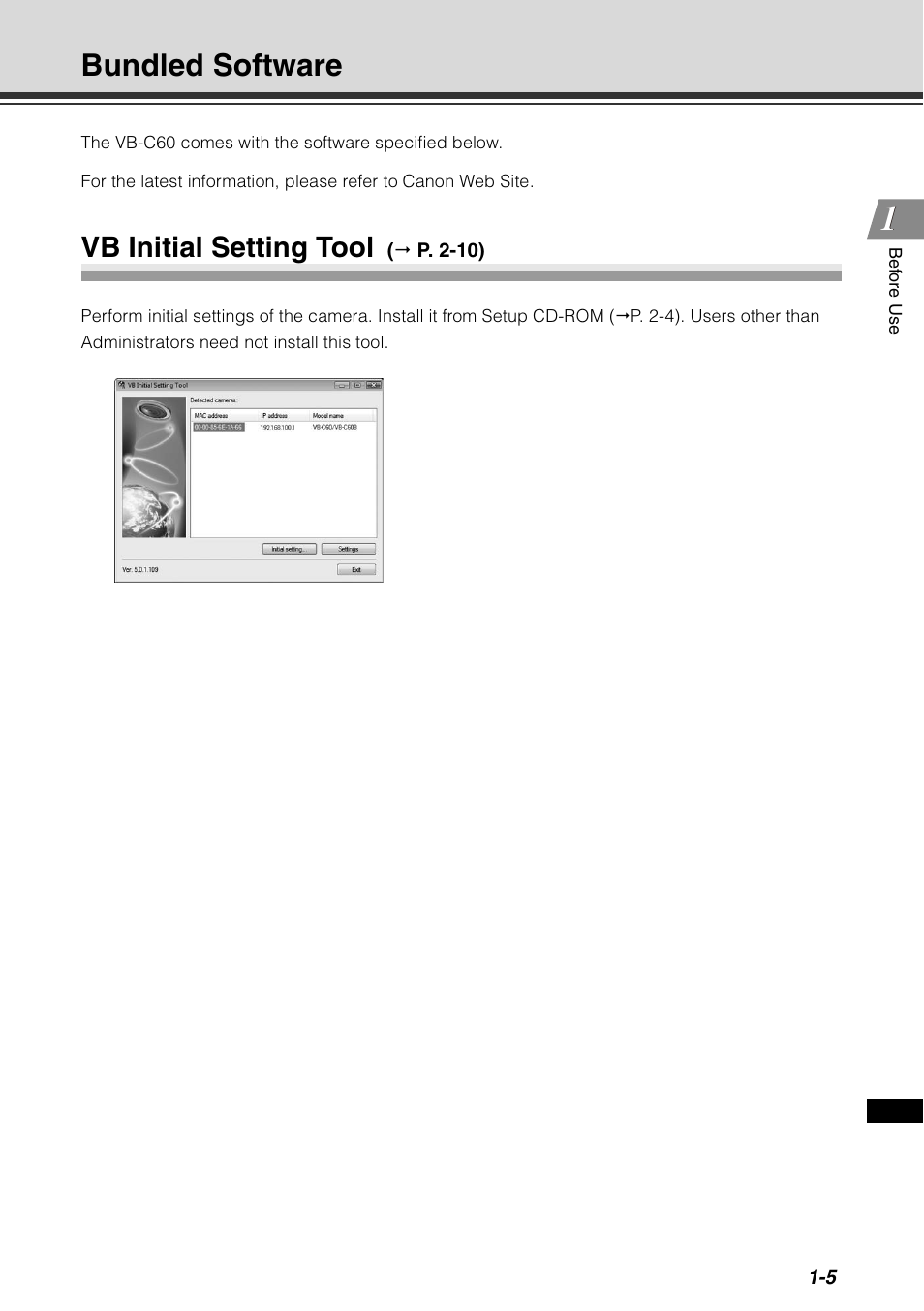 Bundled software, Vb initial setting tool, Bundled software -5 | Vb initial setting tool -5 | Canon VB-C60 User Manual | Page 23 / 78