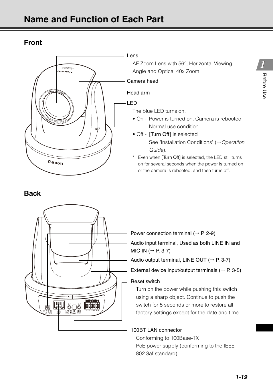 Name and function of each part, Name and function of each part -19, Front back | Canon VB-C60 User Manual | Page 37 / 78