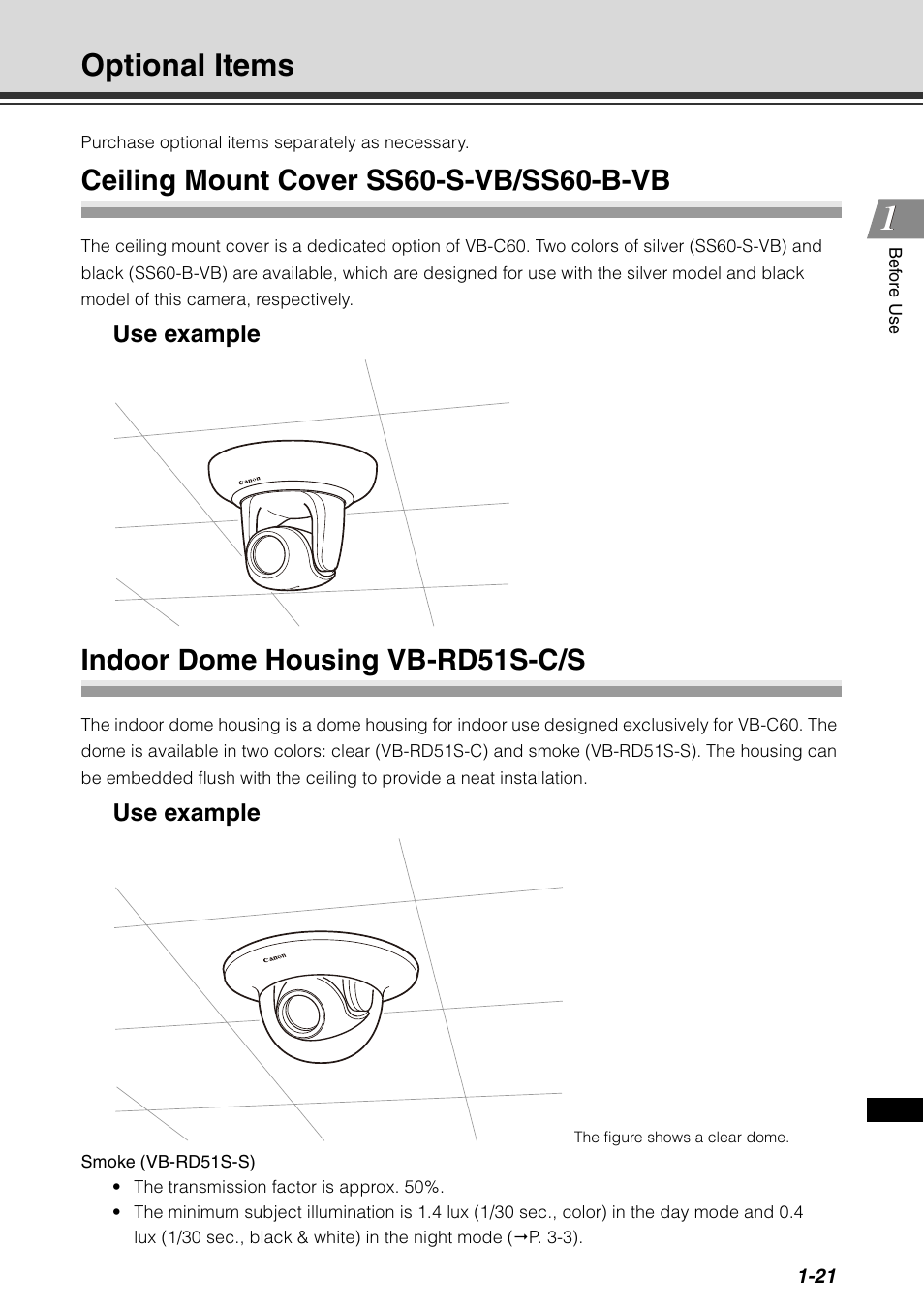 Optional items, Ceiling mount cover ss60-s-vb/ss60-b-vb, Indoor dome housing vb-rd51s-c/s | Optional items -21, P. 1-21), Use example | Canon VB-C60 User Manual | Page 39 / 78