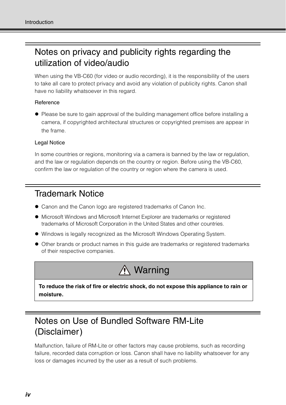 Warning, Trademark notice | Canon VB-C60 User Manual | Page 4 / 78