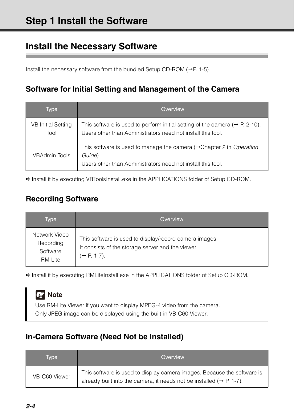 Step 1 install the software, Install the necessary software, Step 1 install the software -4 | Install the necessary software -4, P. 2-4), Recording software, In-camera software (need not be installed) | Canon VB-C60 User Manual | Page 46 / 78