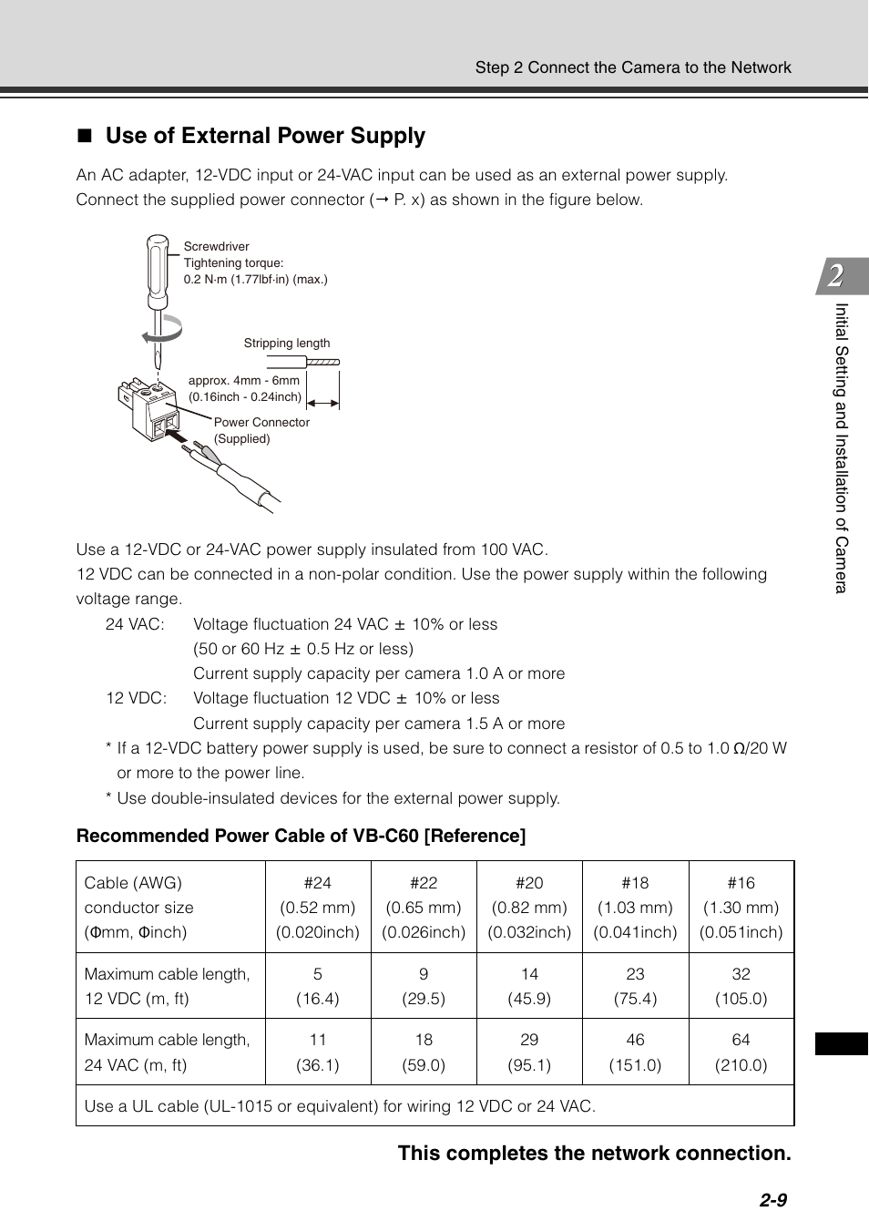 P. 2-9, Use of external power supply, This completes the network connection | Canon VB-C60 User Manual | Page 51 / 78