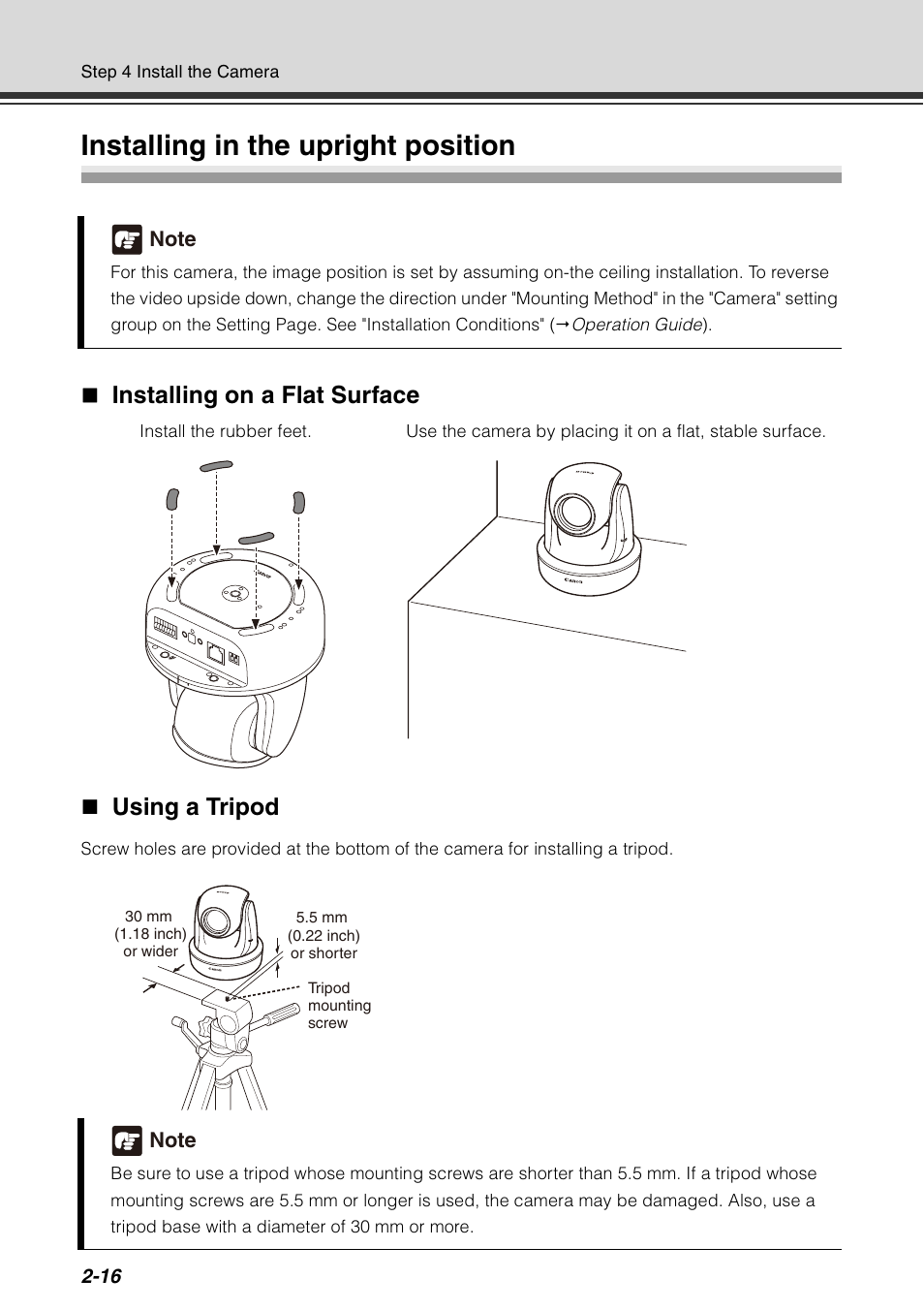 Installing in the upright position, Installing in the upright position -16, Installing on a flat surface | Using a tripod | Canon VB-C60 User Manual | Page 58 / 78