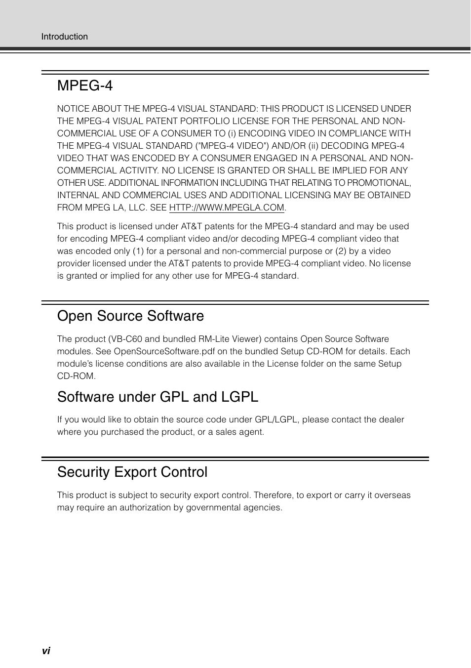 Mpeg-4, Open source software, Software under gpl and lgpl | Security export control | Canon VB-C60 User Manual | Page 6 / 78