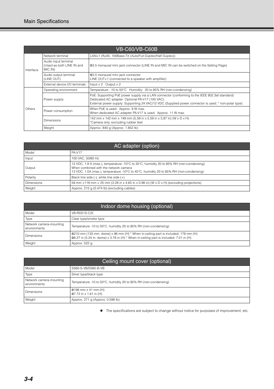 Main specifications, Vb-c60/vb-c60b, Ac adapter (option) | Indoor dome housing (optional), Ceiling mount cover (optional) | Canon VB-C60 User Manual | Page 72 / 78