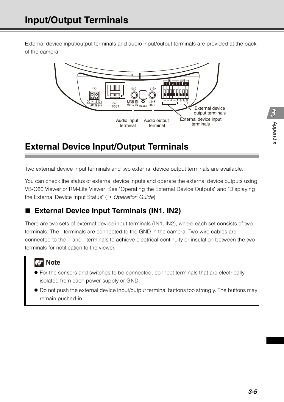 Input/output terminals, External device input/output terminals, Input/output terminals -5 | External device input/output terminals -5, P. 3-5), External device input terminals (in1, in2) | Canon VB-C60 User Manual | Page 73 / 78