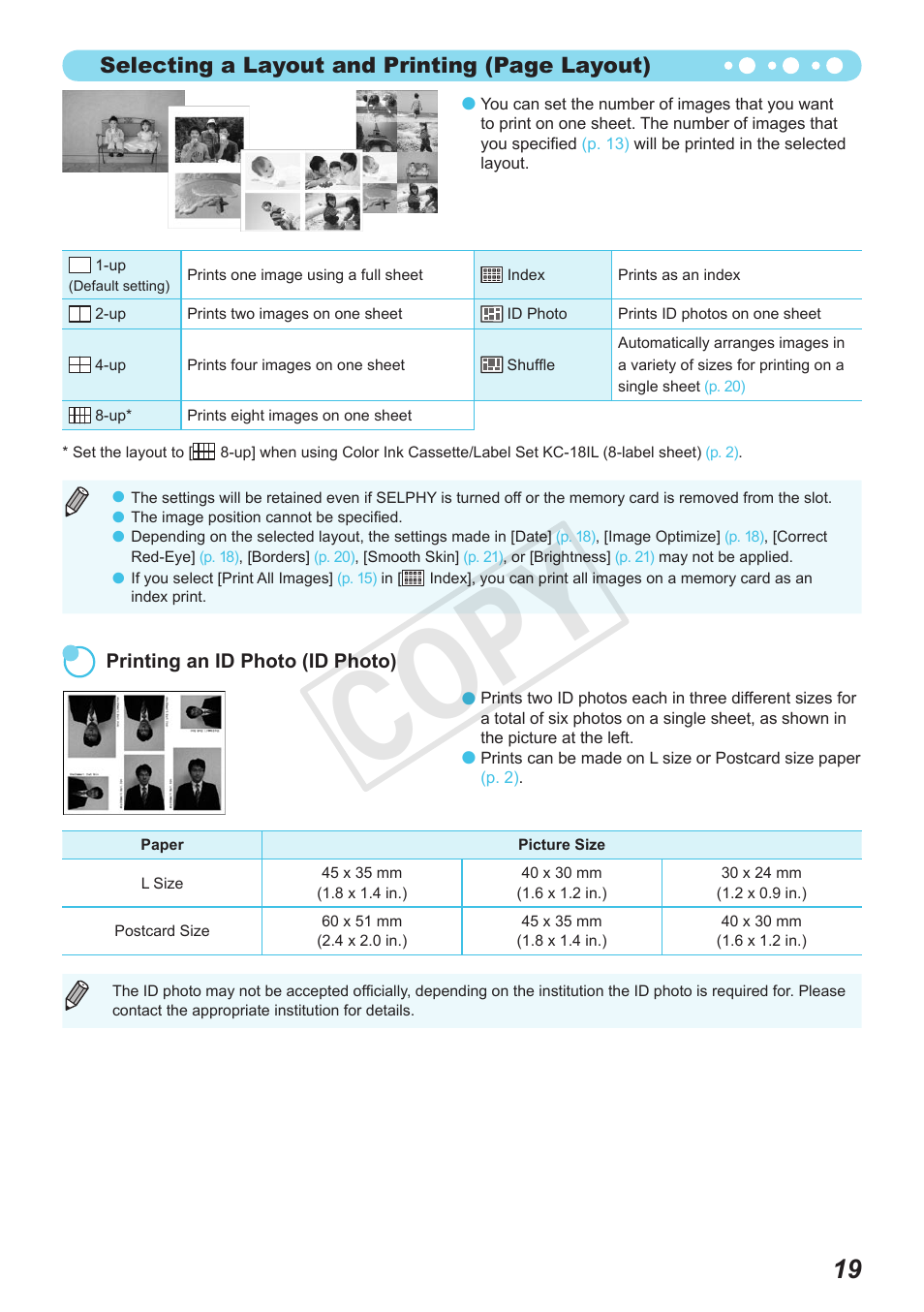 Cop y, Selecting a layout and printing (page layout) | Canon SELPHY CP800 Black User Manual | Page 20 / 73