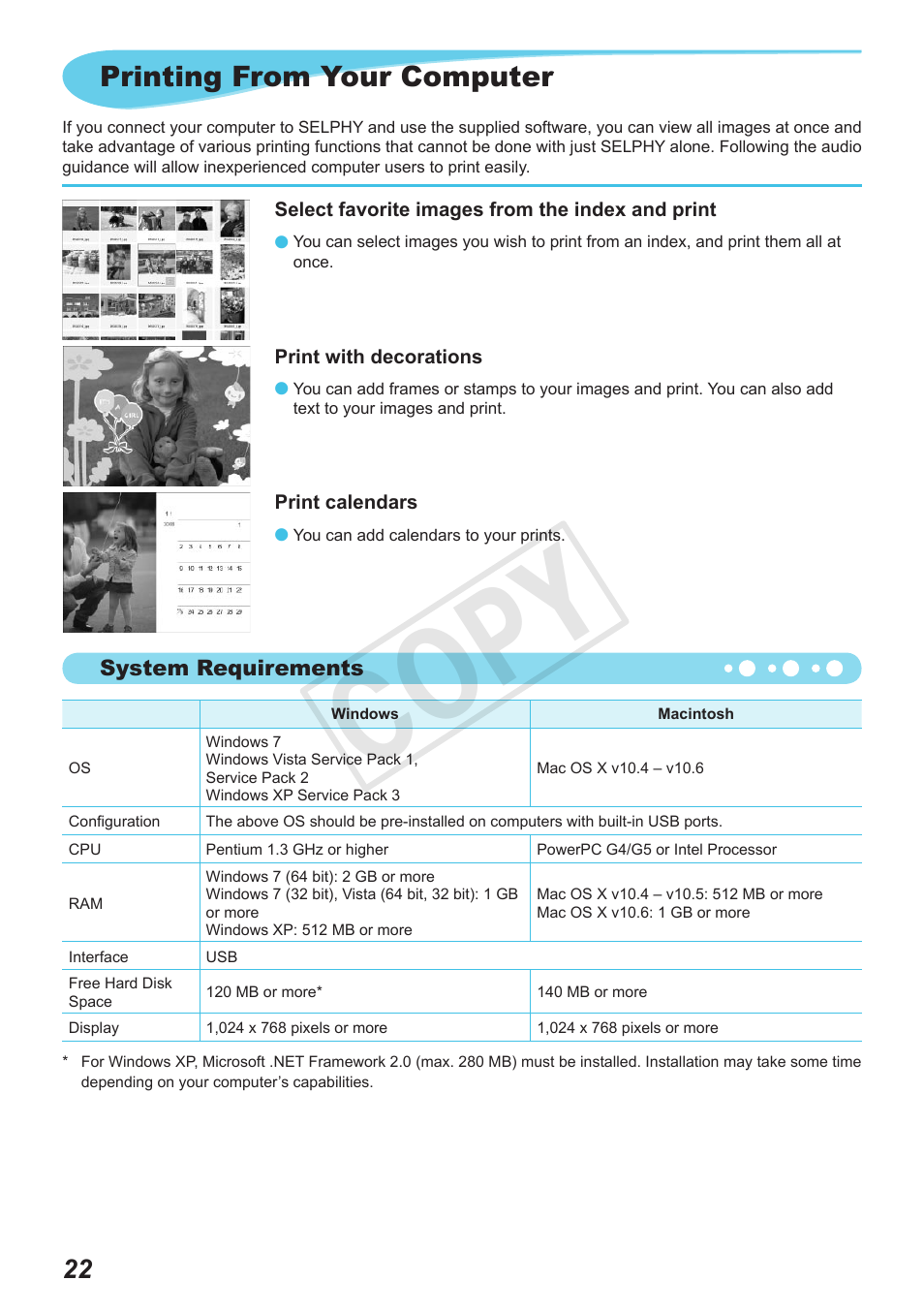 Cop y, Printing from your computer | Canon SELPHY CP800 Black User Manual | Page 23 / 73