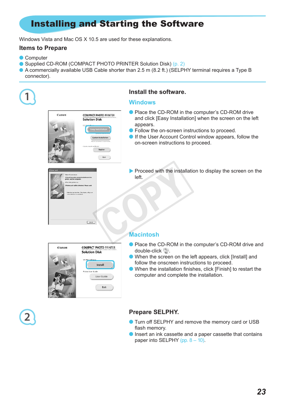 Cop y, Installing and starting the software | Canon SELPHY CP800 Black User Manual | Page 24 / 73