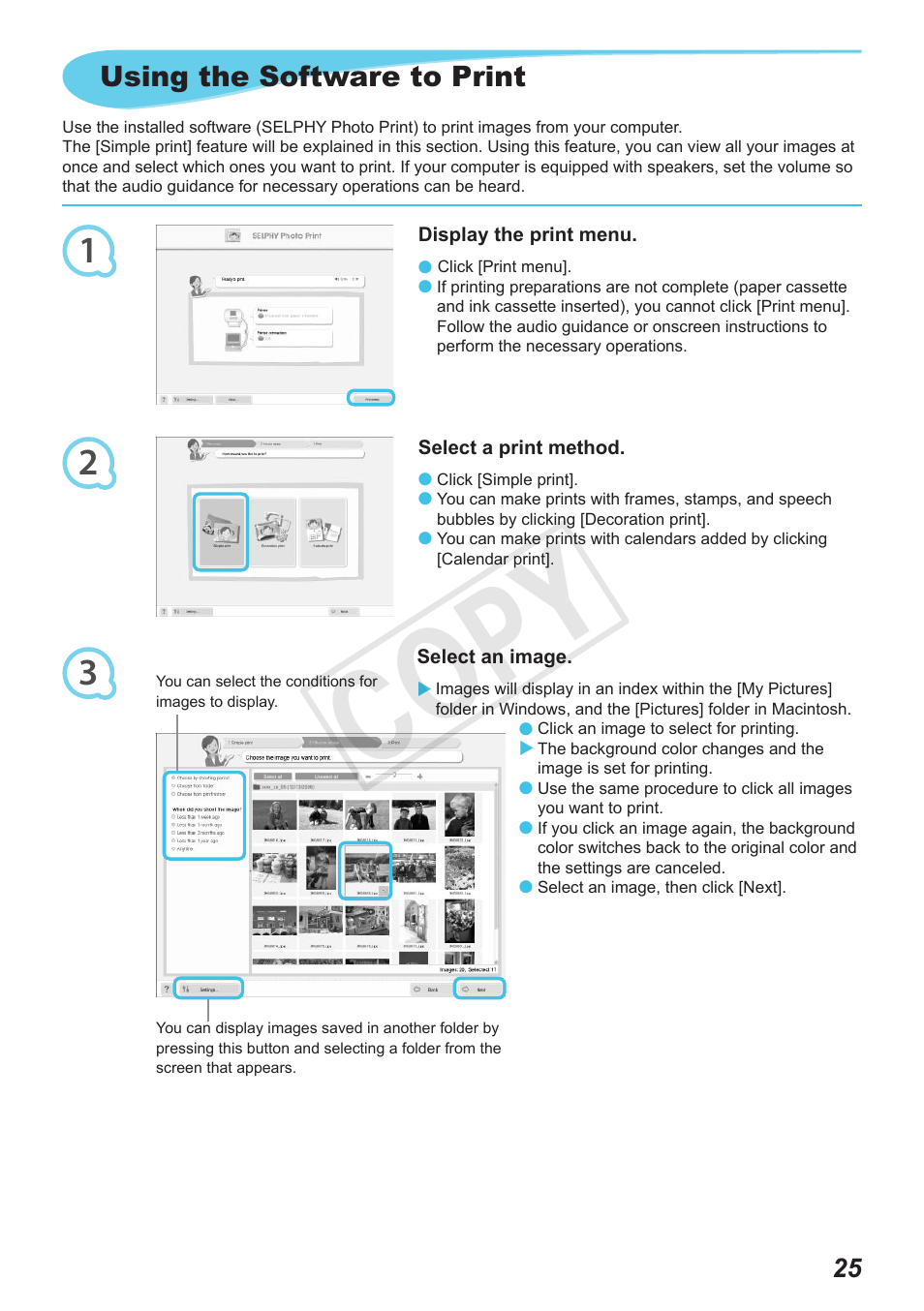 Cop y, Using the software to print | Canon SELPHY CP800 Black User Manual | Page 26 / 73