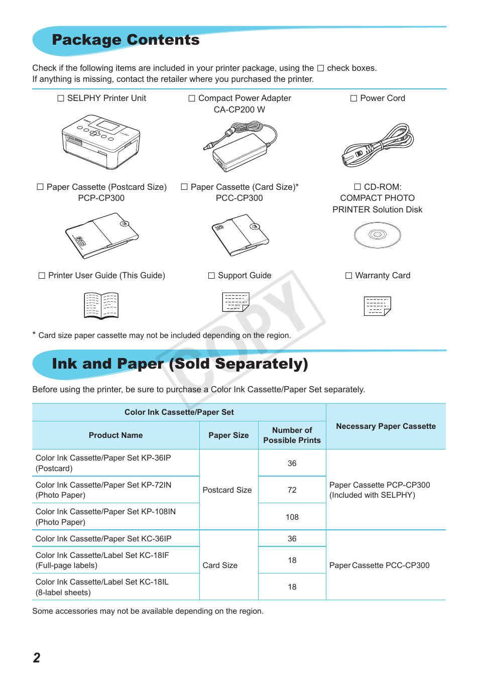 Cop y, Ink and paper (sold separately), Package contents | Canon SELPHY CP800 Black User Manual | Page 3 / 73