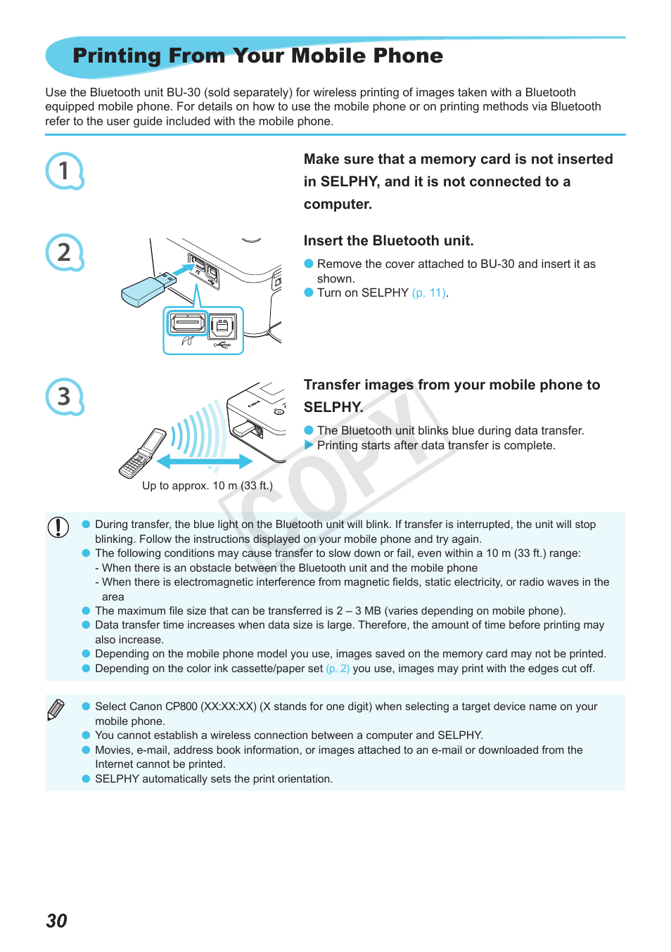 Cop y, Printing from your mobile phone | Canon SELPHY CP800 Black User Manual | Page 31 / 73