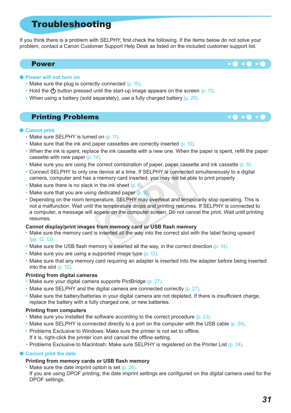 Cop y, Troubleshooting | Canon SELPHY CP800 Black User Manual | Page 32 / 73