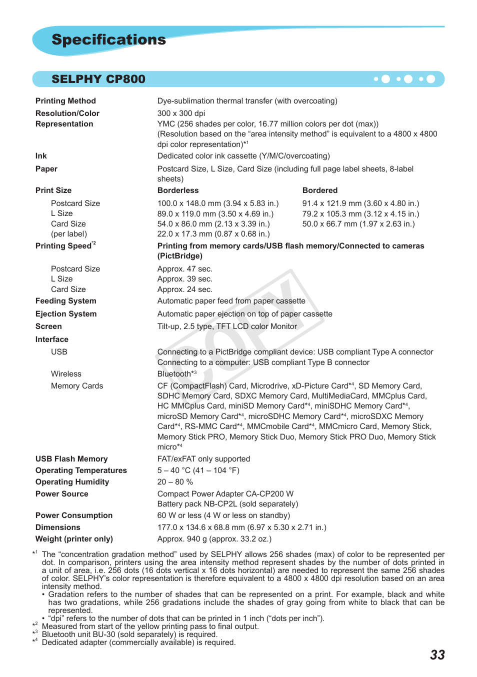 Cop y, Specifications, Selphy cp800 | Canon SELPHY CP800 Black User Manual | Page 34 / 73