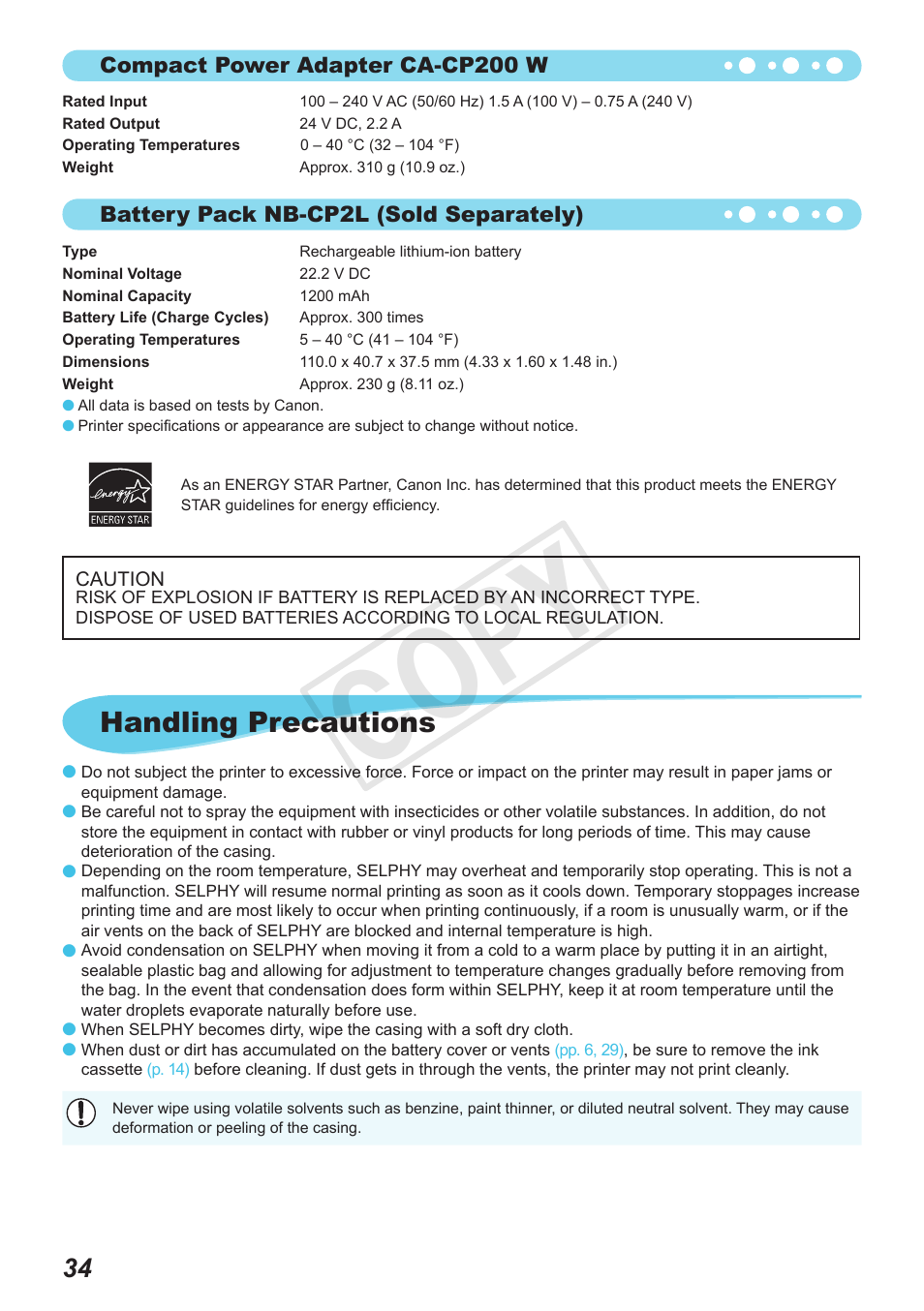 Cop y, Handling precautions | Canon SELPHY CP800 Black User Manual | Page 35 / 73