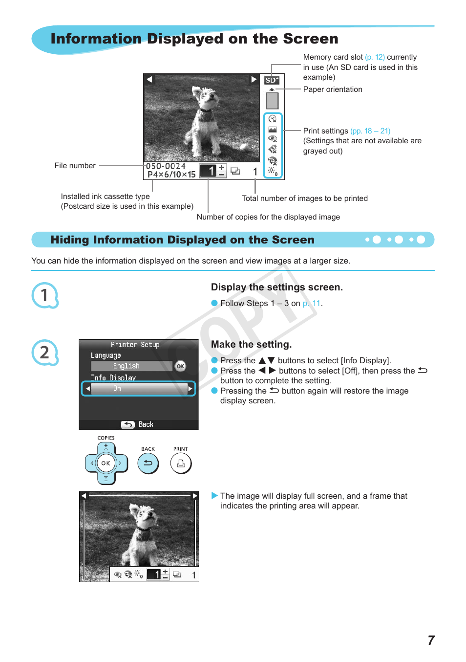 Cop y, Information displayed on the screen | Canon SELPHY CP800 Black User Manual | Page 44 / 73