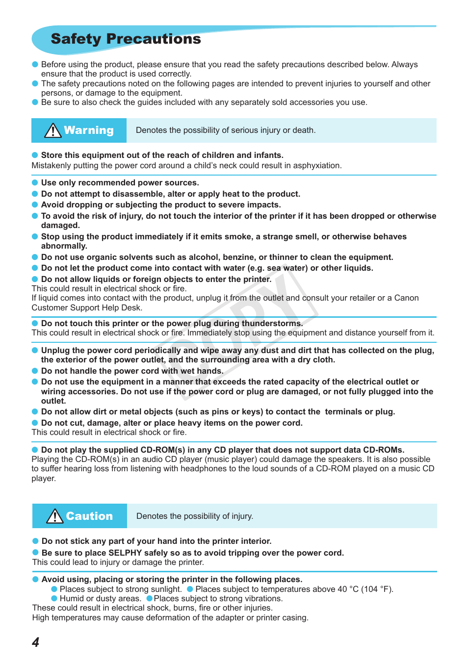 Cop y, Safety precautions | Canon SELPHY CP800 Black User Manual | Page 5 / 73