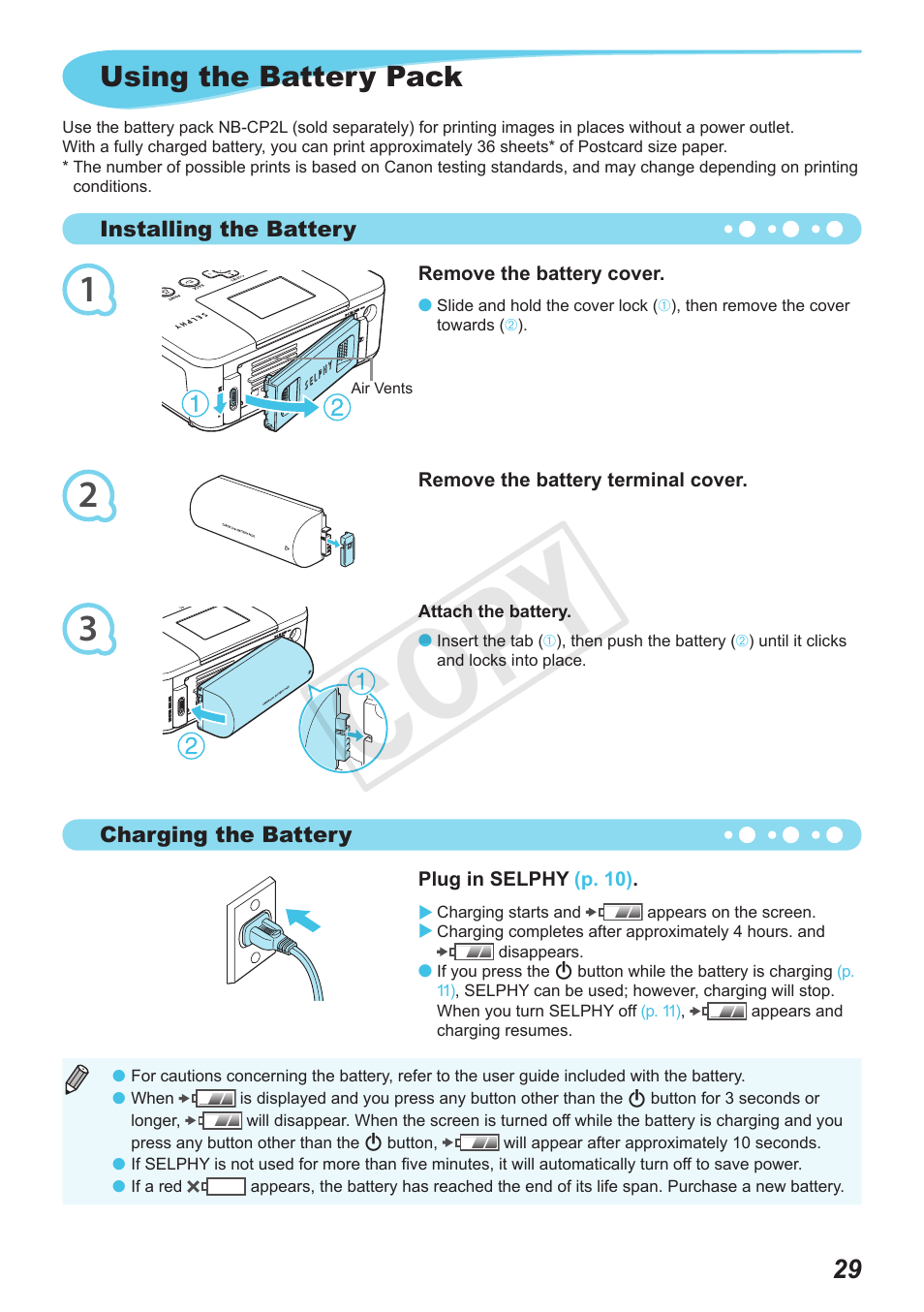 Cop y, Using the battery pack | Canon SELPHY CP800 Black User Manual | Page 66 / 73