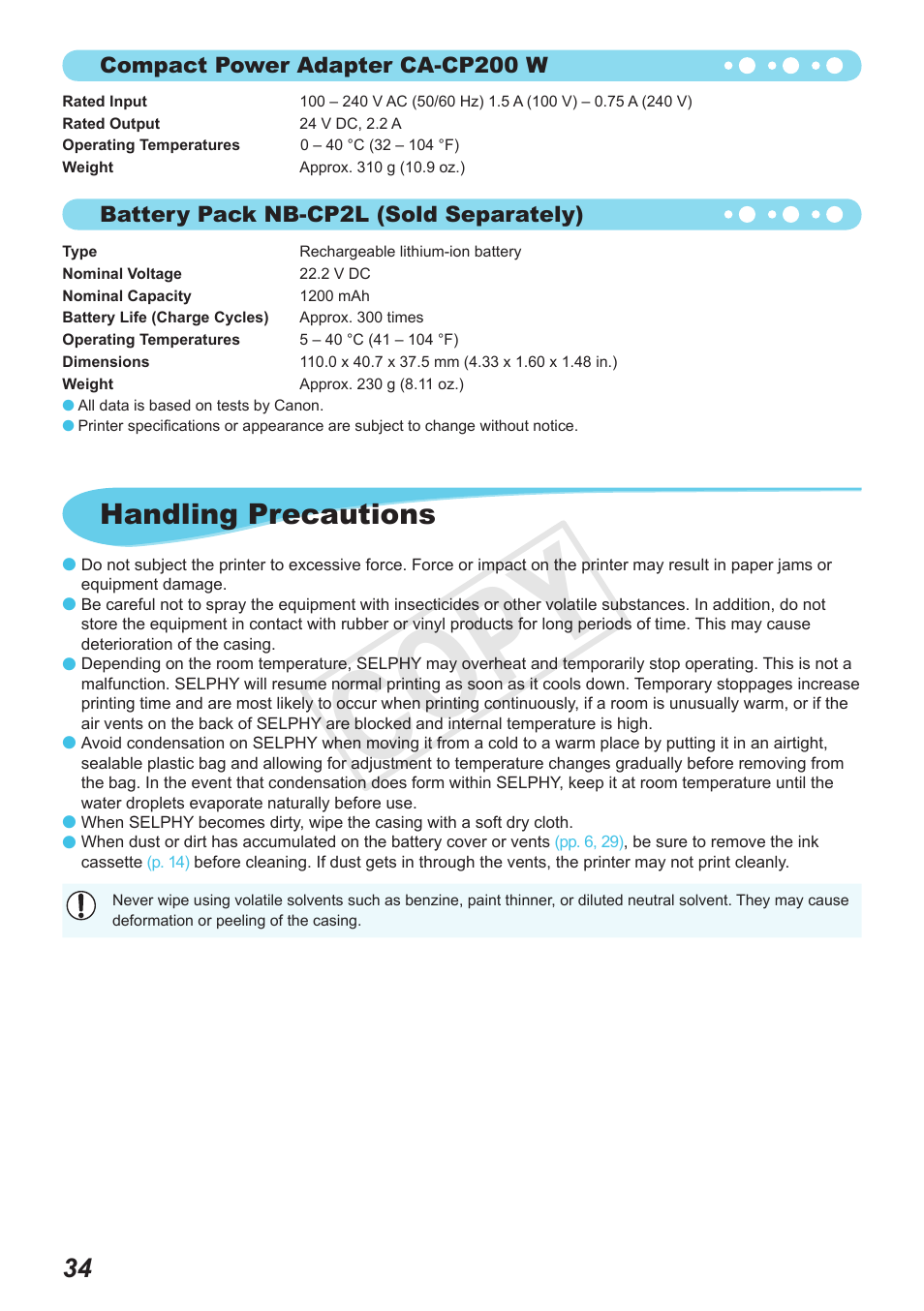 Cop y, Handling precautions | Canon SELPHY CP800 Black User Manual | Page 71 / 73