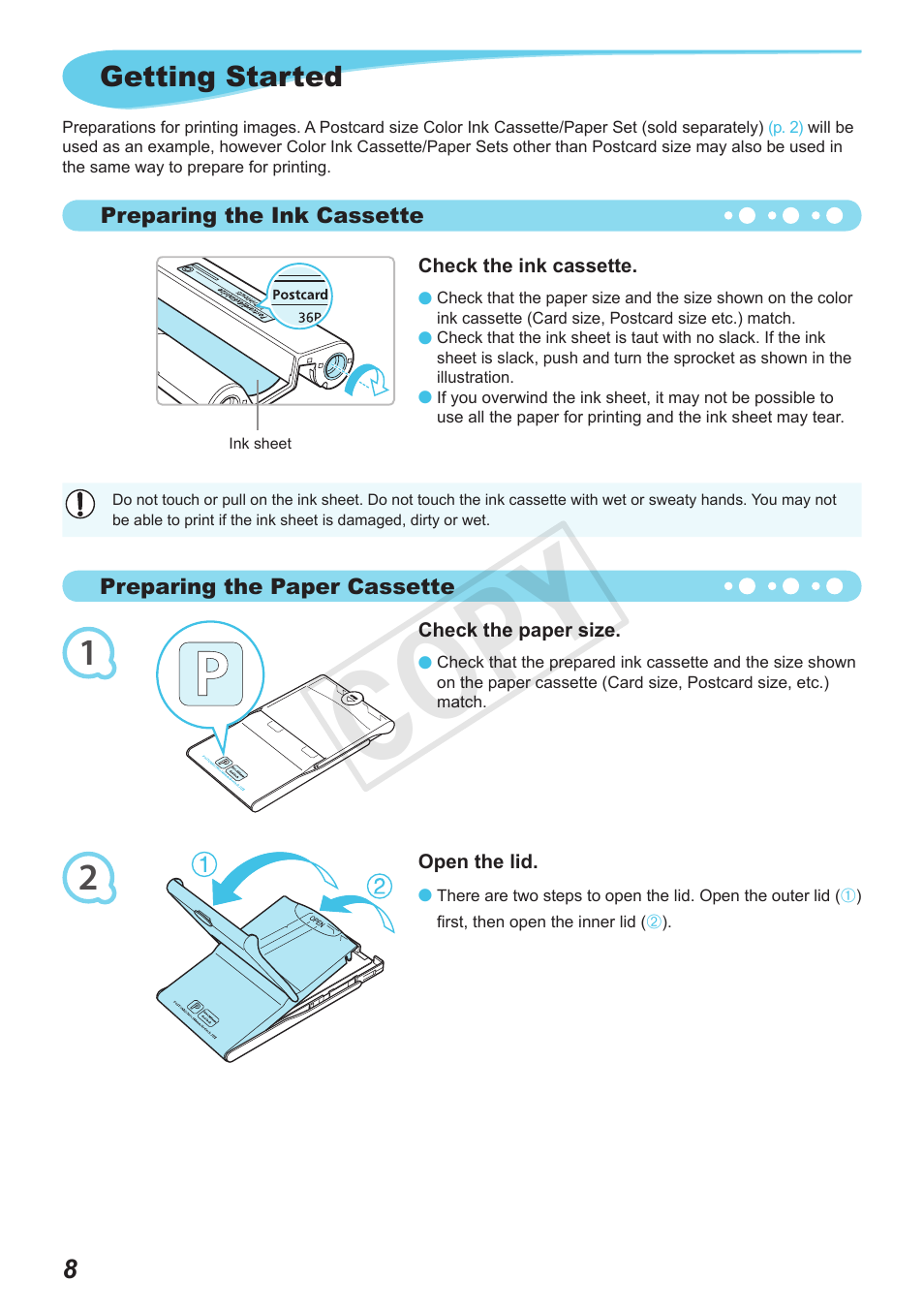 Cop y, Getting started | Canon SELPHY CP800 Black User Manual | Page 9 / 73