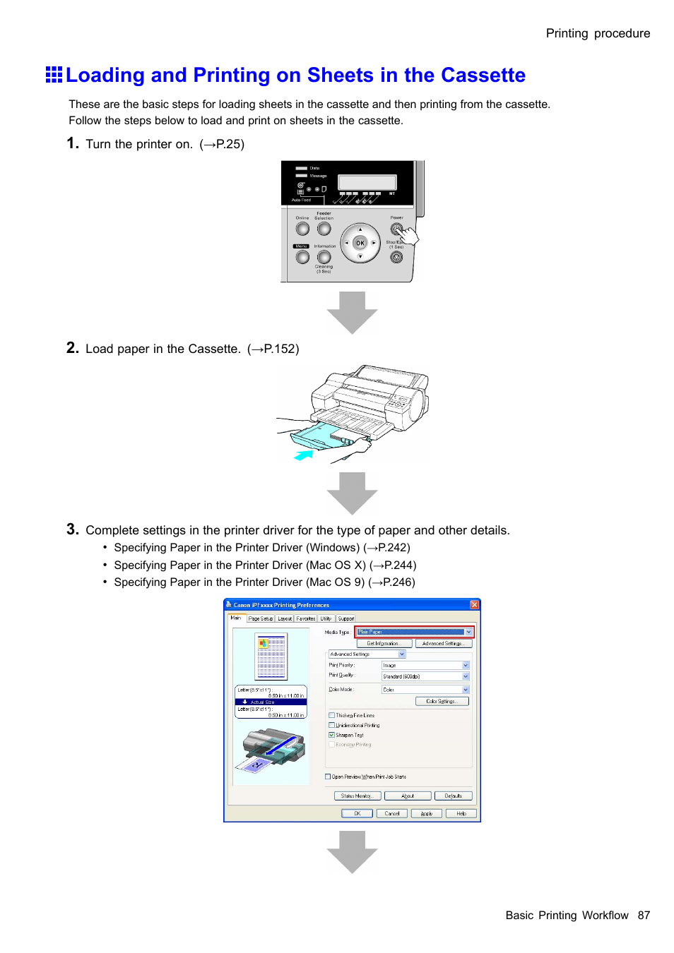 Loading and printing on sheets in the cassette | Canon imagePROGRAF iPF510 User Manual | Page 101 / 724