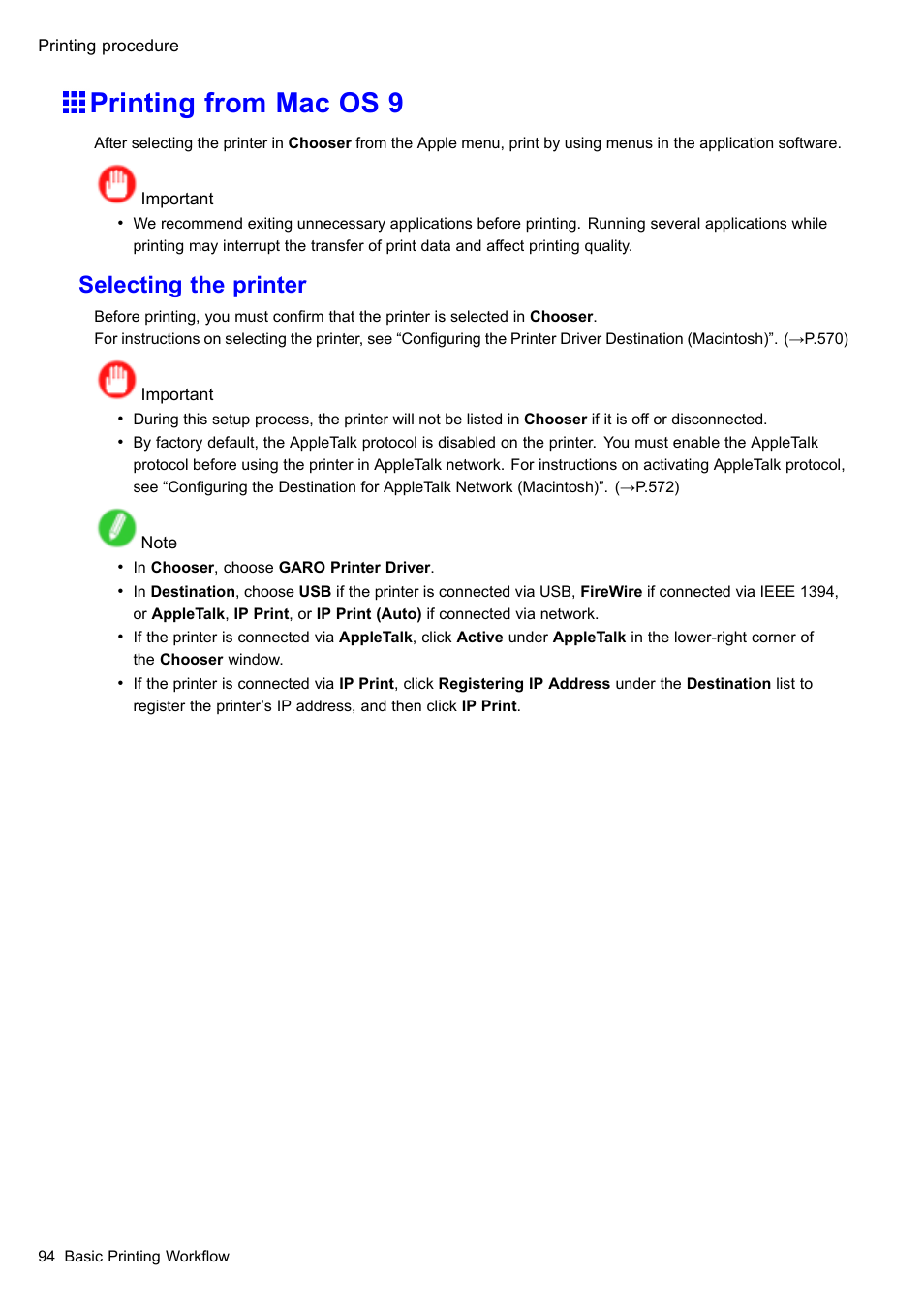Printing from mac os 9, Selecting the printer | Canon imagePROGRAF iPF510 User Manual | Page 108 / 724