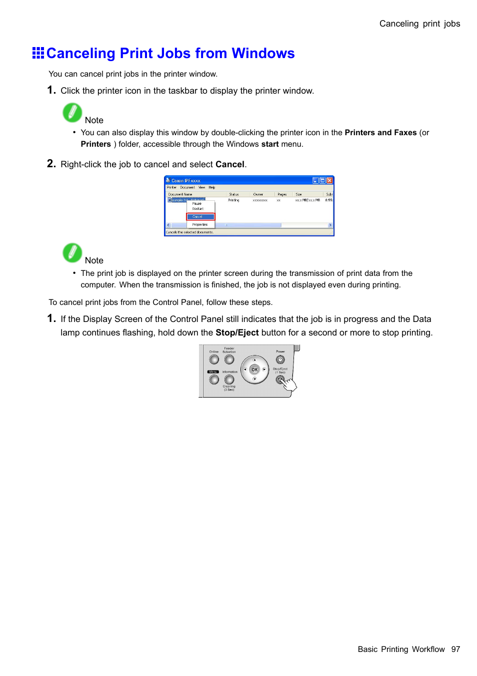 Canceling print jobs from windows | Canon imagePROGRAF iPF510 User Manual | Page 111 / 724