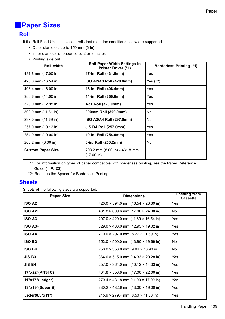 Paper sizes, Roll, Sheets | Canon imagePROGRAF iPF510 User Manual | Page 123 / 724