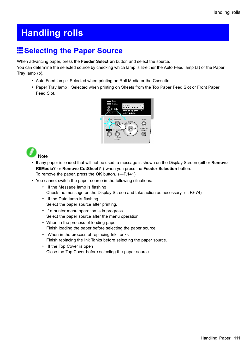 Handling rolls, Selecting the paper source | Canon imagePROGRAF iPF510 User Manual | Page 125 / 724