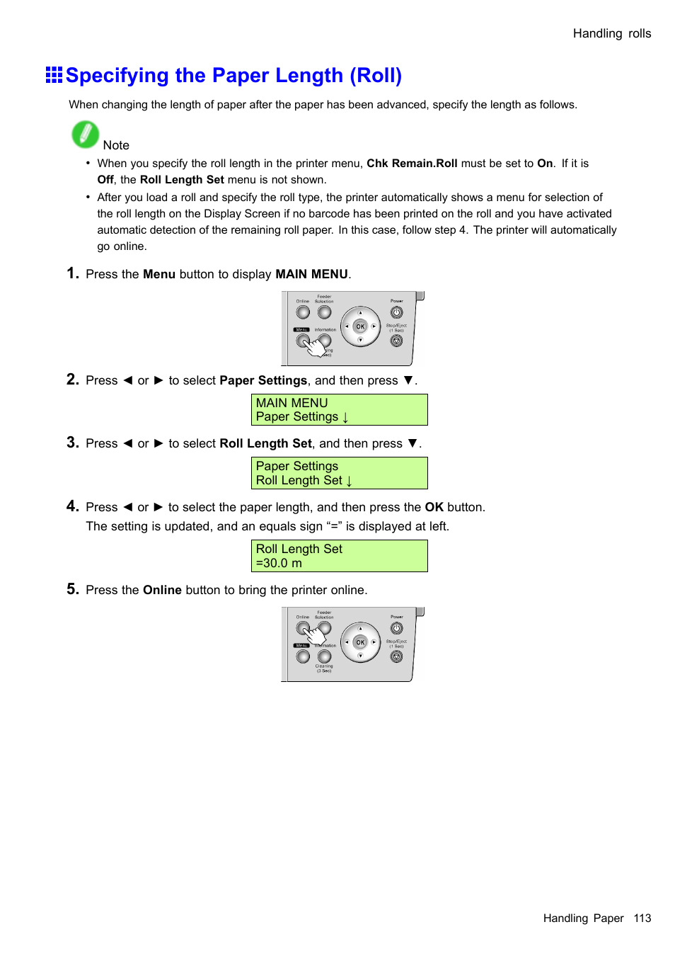Specifying the paper length (roll) | Canon imagePROGRAF iPF510 User Manual | Page 127 / 724