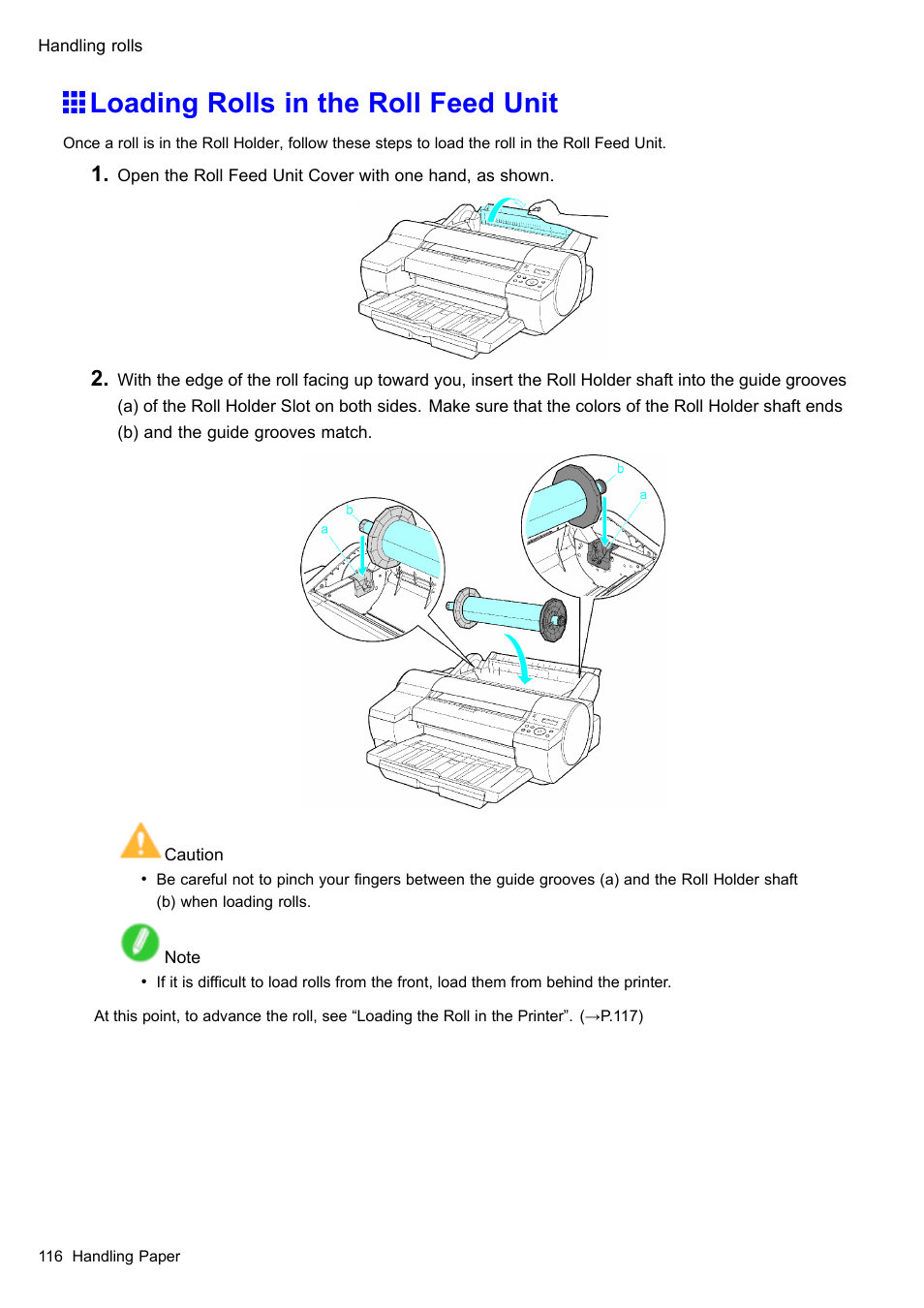 Loading rolls in the roll feed unit | Canon imagePROGRAF iPF510 User Manual | Page 130 / 724