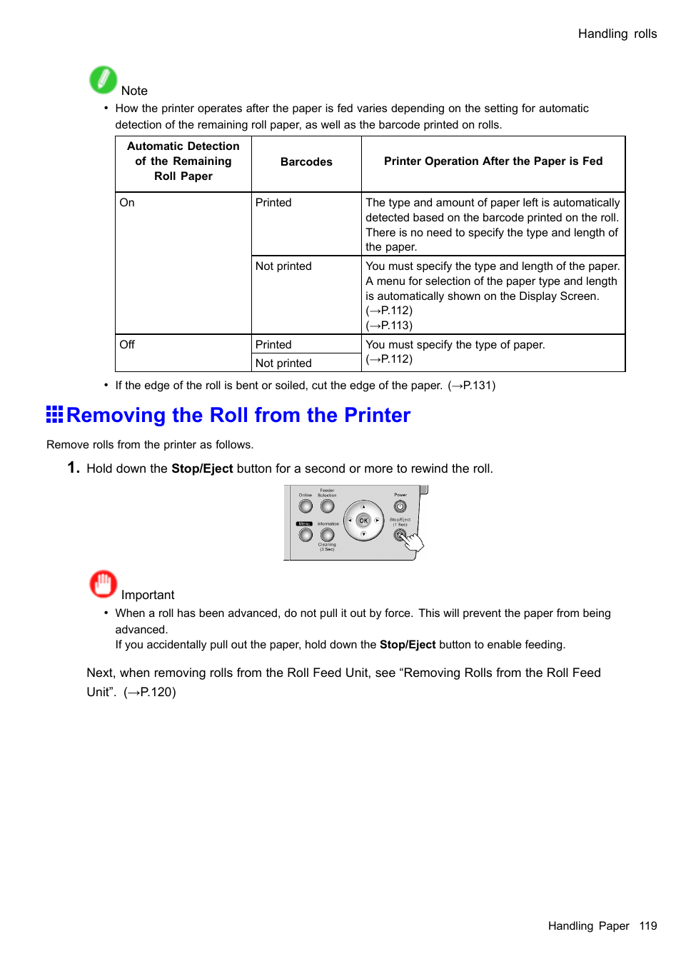 Removing the roll from the printer | Canon imagePROGRAF iPF510 User Manual | Page 133 / 724