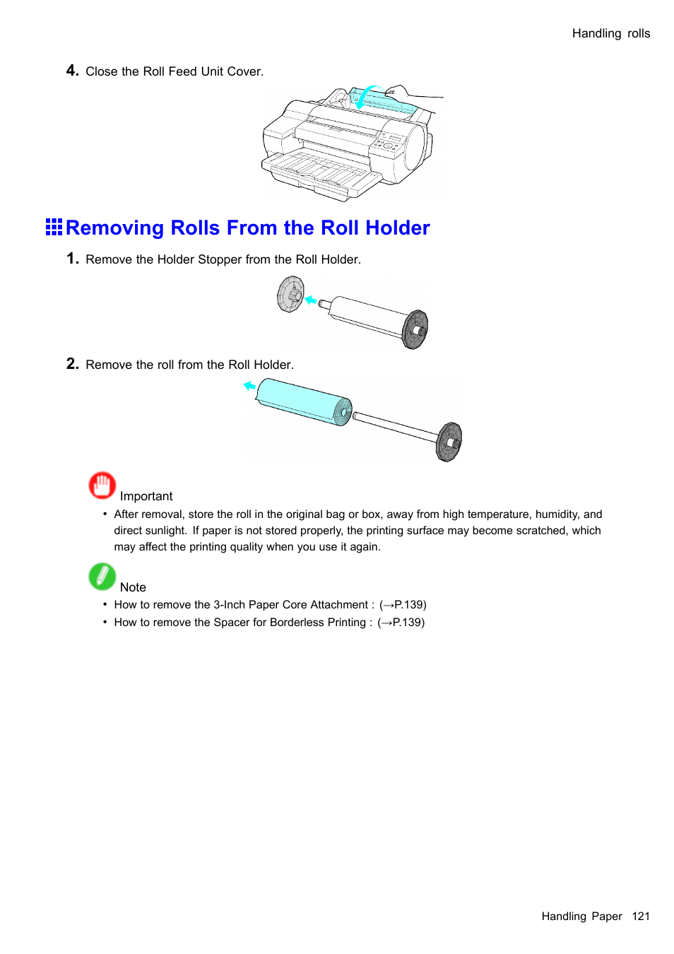 Removing rolls from the roll holder | Canon imagePROGRAF iPF510 User Manual | Page 135 / 724