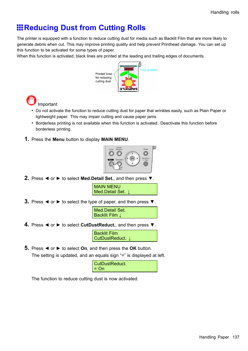 Reducing dust from cutting rolls | Canon imagePROGRAF iPF510 User Manual | Page 151 / 724