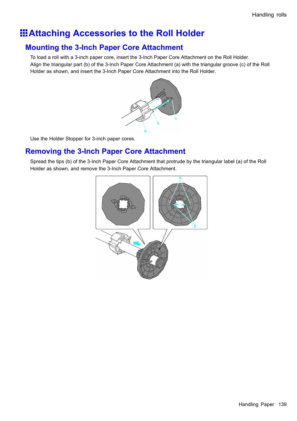Attaching accessories to the roll holder, Mounting the 3-inch paper core attachment, Removing the 3-inch paper core attachment | Canon imagePROGRAF iPF510 User Manual | Page 153 / 724
