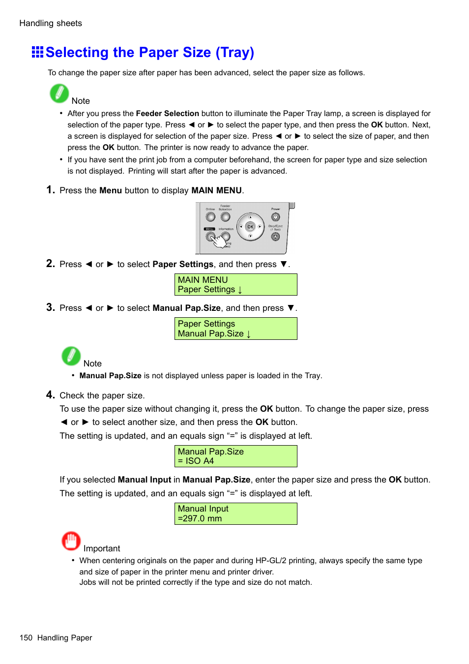Selecting the paper size (tray) | Canon imagePROGRAF iPF510 User Manual | Page 164 / 724