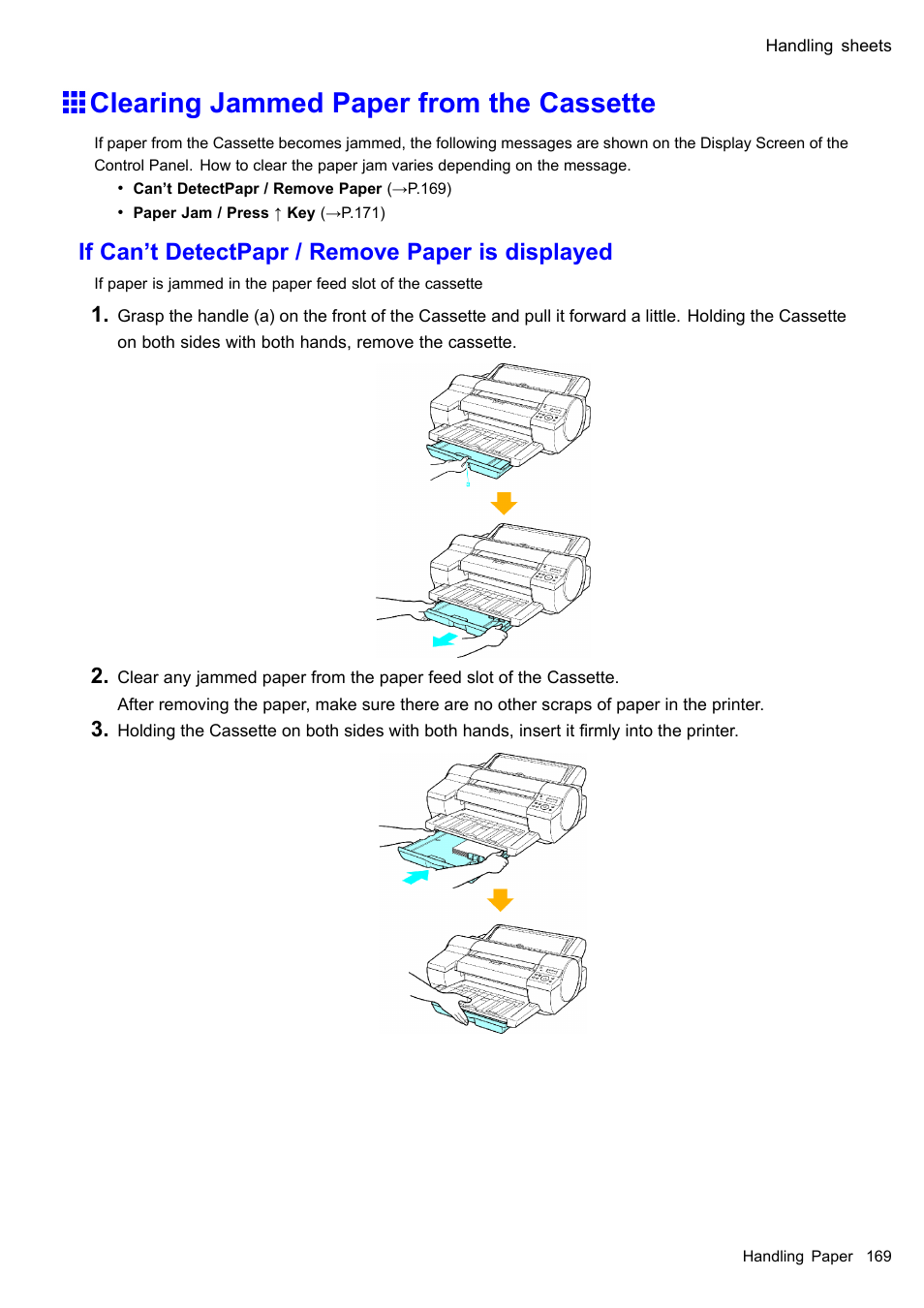 Clearing jammed paper from the cassette, If can’t detectpapr / remove paper is displayed | Canon imagePROGRAF iPF510 User Manual | Page 183 / 724