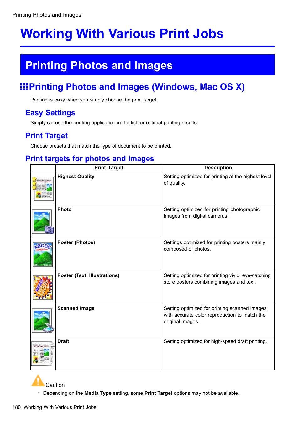 Working with various print jobs, Printing photos and images, Printing photos and images (windows, mac os x) | Easy settings, Print target, Print targets for photos and images | Canon imagePROGRAF iPF510 User Manual | Page 194 / 724