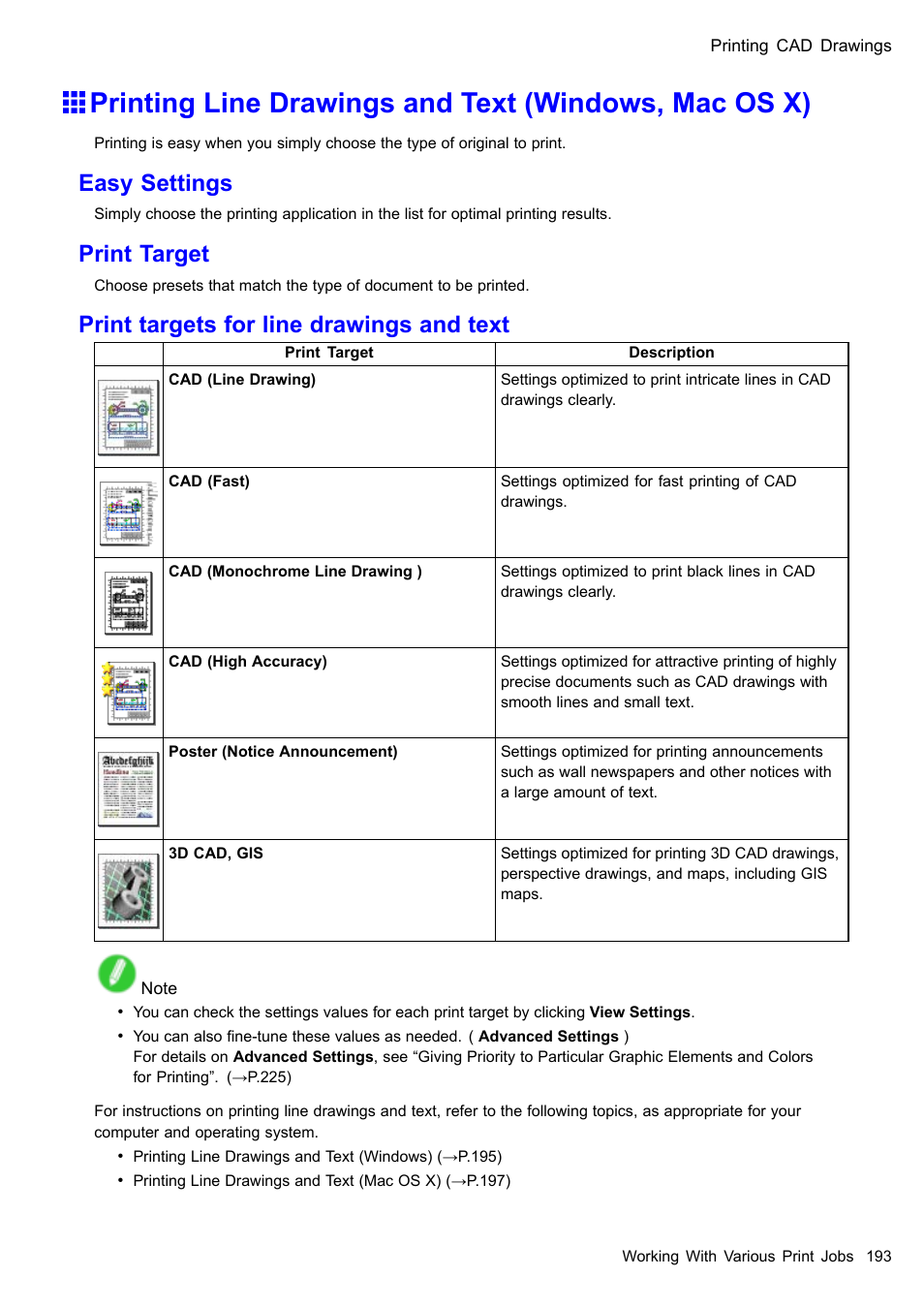 Easy settings, Print target, Print targets for line drawings and text | Canon imagePROGRAF iPF510 User Manual | Page 207 / 724