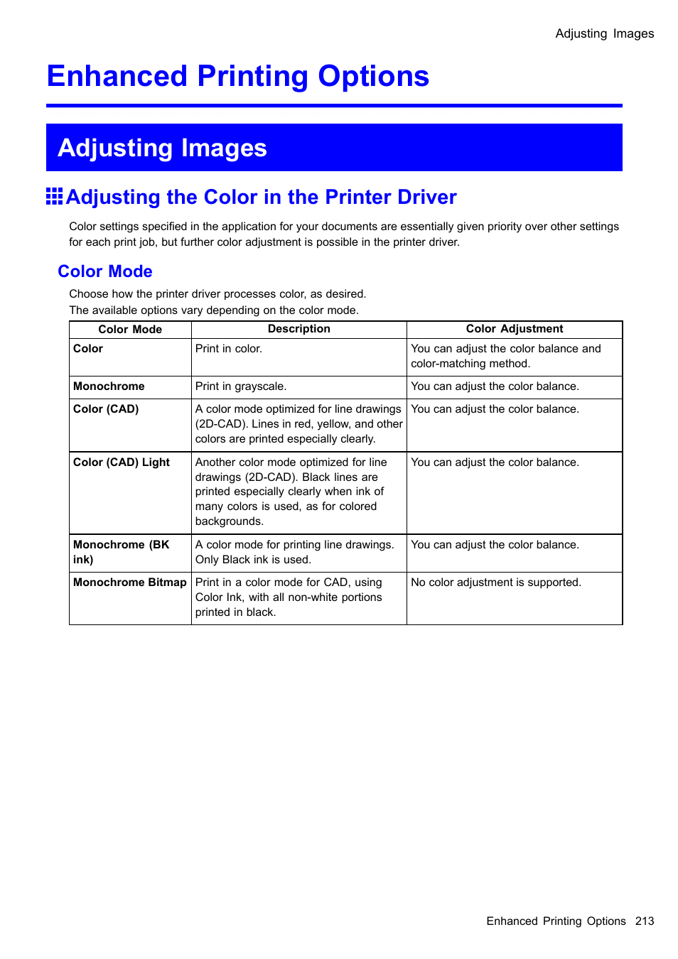 Enhanced printing options, Adjusting images, Adjusting the color in the printer driver | Color mode | Canon imagePROGRAF iPF510 User Manual | Page 227 / 724