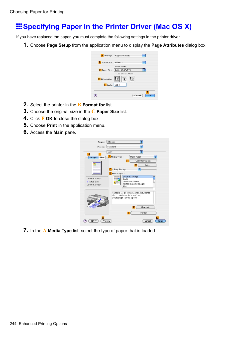 Specifying paper in the printer driver (mac os x) | Canon imagePROGRAF iPF510 User Manual | Page 258 / 724