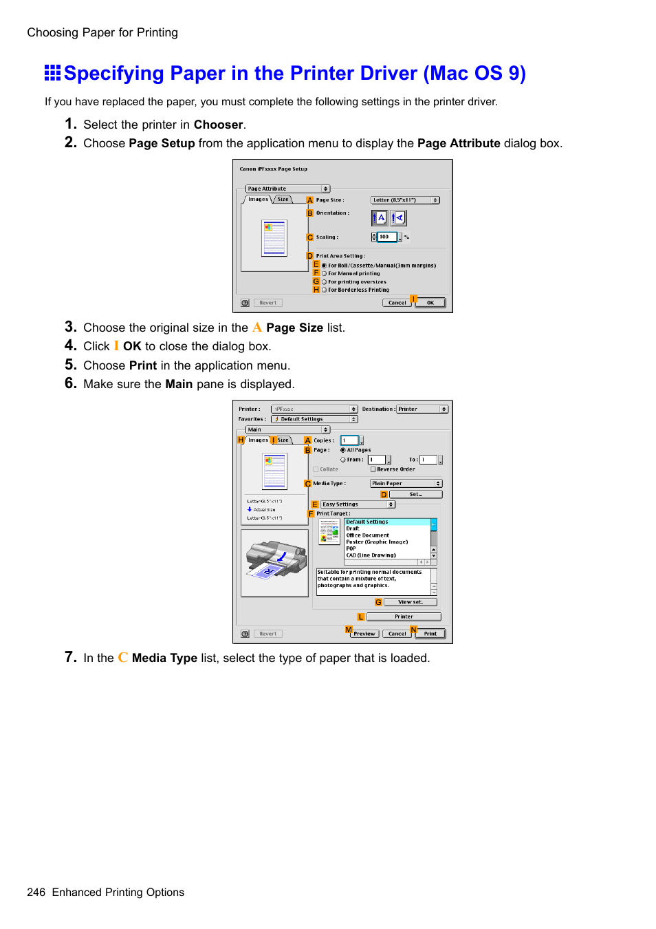 Specifying paper in the printer driver (mac os 9) | Canon imagePROGRAF iPF510 User Manual | Page 260 / 724