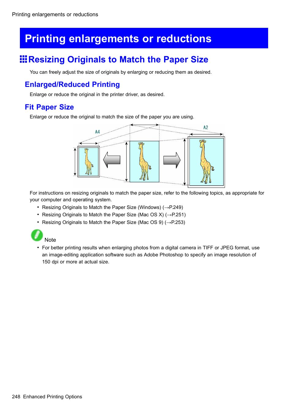 Printing enlargements or reductions, Resizing originals to match the paper size, Enlarged/reduced printing | Fit paper size | Canon imagePROGRAF iPF510 User Manual | Page 262 / 724
