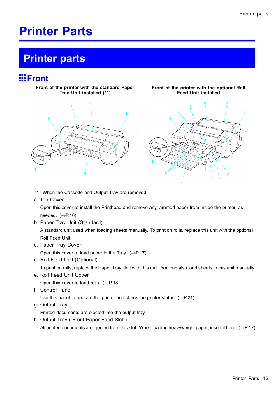 Printer parts, Front | Canon imagePROGRAF iPF510 User Manual | Page 27 / 724