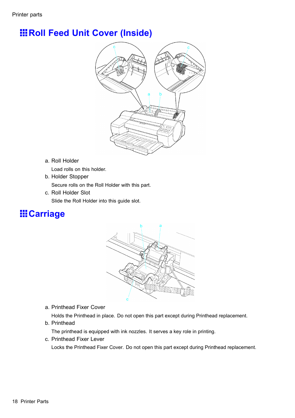 Roll feed unit cover (inside), Carriage | Canon imagePROGRAF iPF510 User Manual | Page 32 / 724