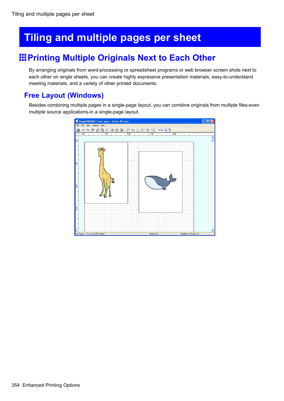 Printing multiple originals next to each other, Tiling and multiple pages per sheet | Canon imagePROGRAF iPF510 User Manual | Page 368 / 724