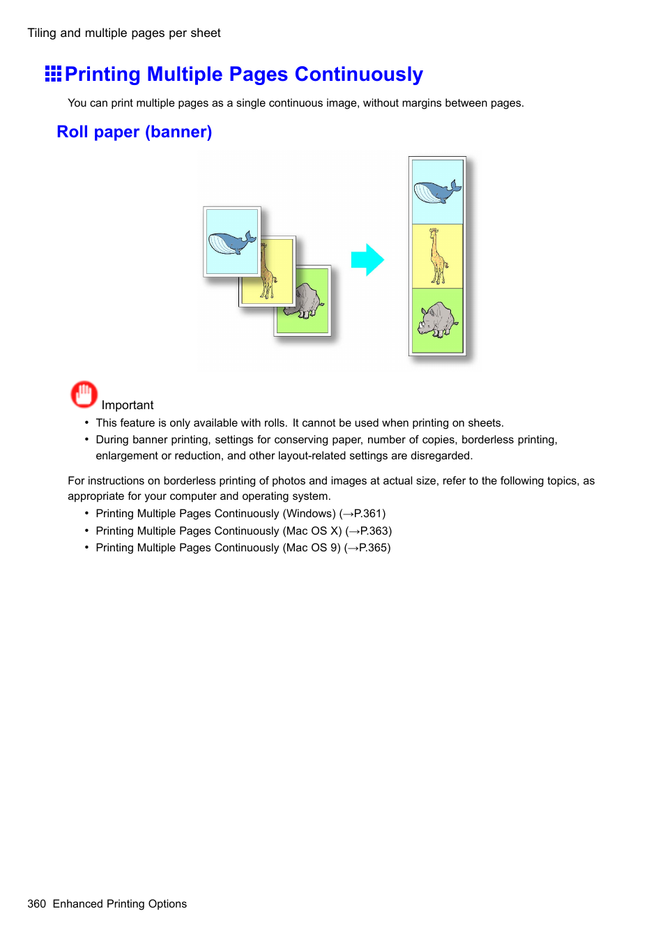 Printing multiple pages continuously, Roll paper (banner) | Canon imagePROGRAF iPF510 User Manual | Page 374 / 724