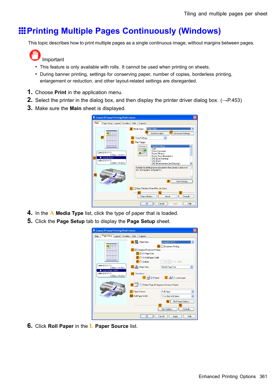 Printing multiple pages continuously (windows) | Canon imagePROGRAF iPF510 User Manual | Page 375 / 724