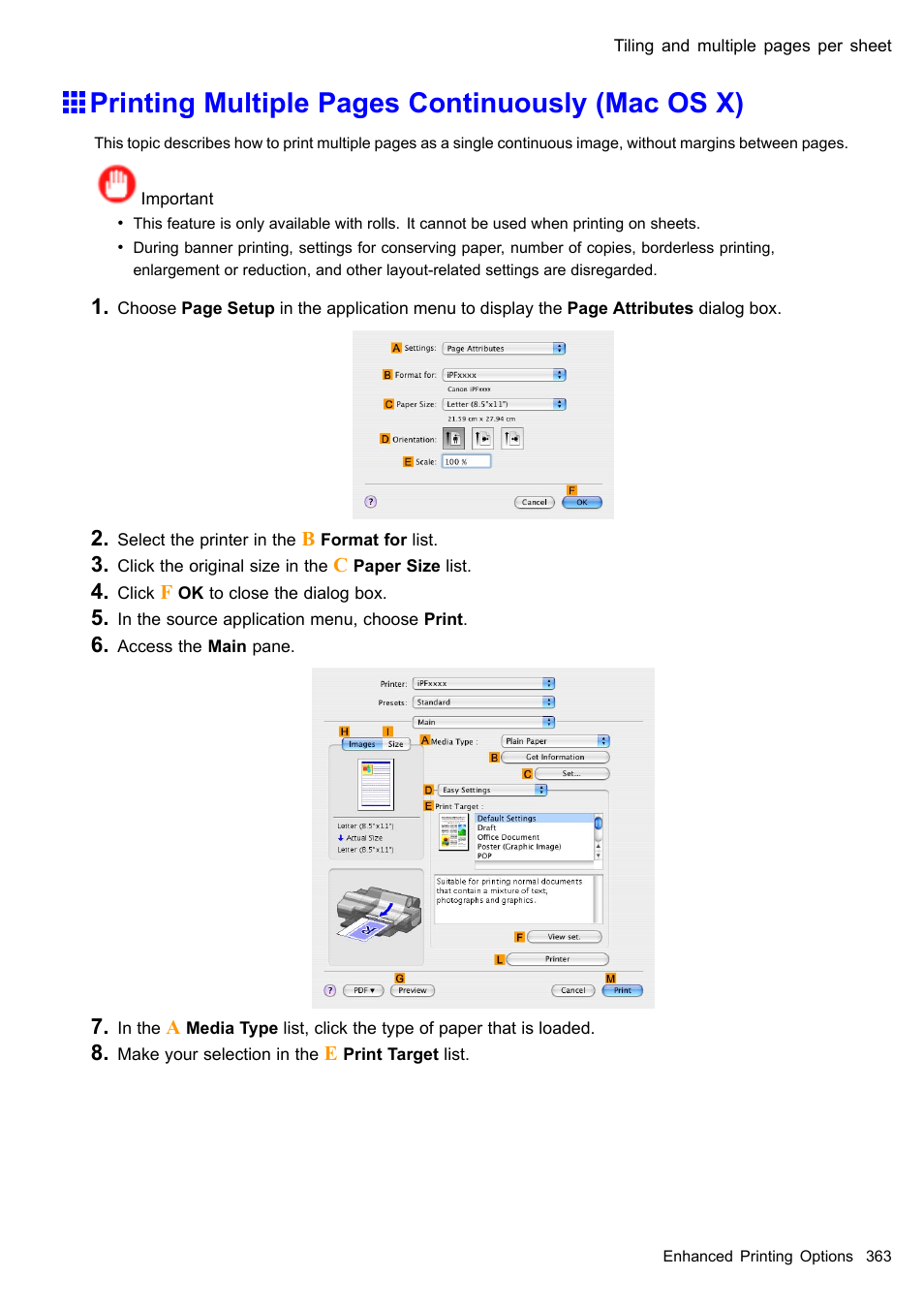Printing multiple pages continuously (mac os x) | Canon imagePROGRAF iPF510 User Manual | Page 377 / 724